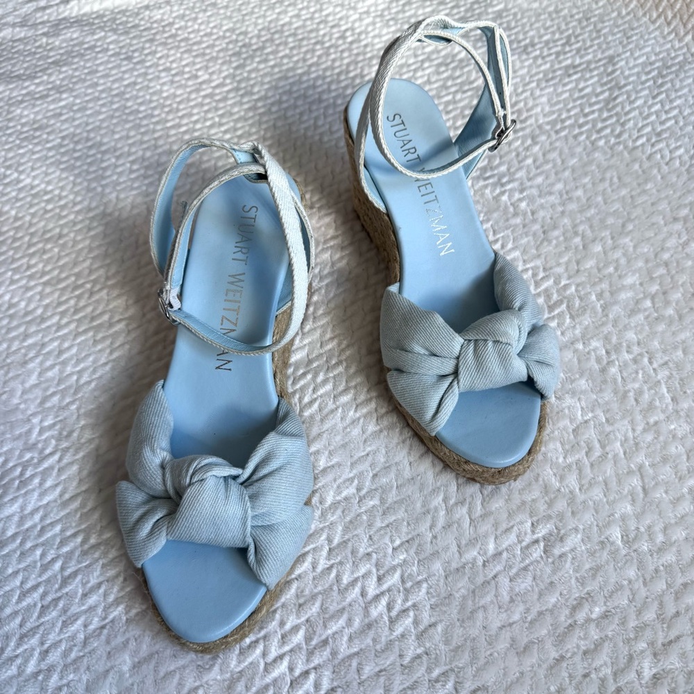 Stuart Weitzman Playa Espadrille Knot Wedge Sandals 9 B Blue Denim Ankle Strap